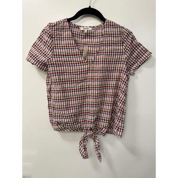 Madewell NWT XXS Boxy V Neck Short Sleeve Tie Front Cotton Mini Plaid Top - Picture 3 of 7